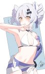  1girl armpits bangs bare_arms bare_shoulders beni_shake bikini blue_background blush breasts closed_mouth commentary_request cowboy_shot drill_hair eyebrows_visible_through_hair grey_hair hair_ornament hand_up karenina_(punishing:_gray_raven) looking_at_viewer orange_eyes punishing:_gray_raven signature small_breasts solo swimsuit twin_drills twintails two-tone_background v wavy_mouth white_background white_bikini 