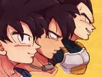  3boys armor black_eyes black_hair blue_bodysuit bodysuit broly_(dragon_ball_super) close-up closed_mouth collar collarbone cropped_shoulders dragon_ball dragon_ball_super dragon_ball_super_broly dragon_ball_z expressionless face facing_away from_side frown grin highres lineup looking_afar male_focus metal_collar multiple_boys parted_lips profile simple_background smile son_goku spiky_hair tkgsize vegeta yellow_background 