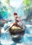  1girl :d absurdres bird bird_wings blonde_hair chamaruku chicken highres light_rays multicolored_hair niwatari_kutaka open_mouth outdoors red_eyes redhead rooster scenery short_hair sitting smile solo touhou two-tone_hair water waterfall wings 