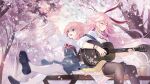  2girls :d animal_ears bench benghuai_xueyuan black_legwear blue_eyes blue_sky bracelet cherry_blossoms closed_eyes closed_mouth cup fox_ears guitar highres holding holding_instrument honkai_(series) honkai_impact_3rd instrument jewelry lamppost long_sleeves multiple_girls music official_art open_mouth outdoors paper petals pink_hair playing_instrument school_uniform sitting sky sleeves_rolled_up smile thigh-highs tree white_legwear yae_rin yae_sakura 