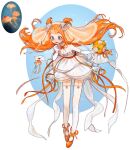  1girl absurdres aqua_eyes bare_shoulders dress elbow_gloves floating_hair flower full_body gloves hand_up highres holding holding_flower jellyfish letter long_hair open_mouth orange_flower orange_footwear orange_hair original personification rinotuna shoes smile solo sparkle standing strapless strapless_dress thigh-highs white_dress white_flower white_gloves white_legwear 