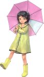  1girl :d black_hair child collarbone female hair_ornament holding_umbrella kantai_collection looking_at_viewer official_art open_mouth pink_umbrella raincoat short_hair solo transparent_background yellow_boots 