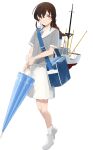  1girl blue_bag boat brown_hair closed_umbrella female holding_umbrella kantai_collection looking_to_the_side official_art solo transparent_background 