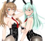  animal_ears aqua_hair black_leotard breasts brown_hair bunny_tail commentary_request cowboy_shot dated detached_collar fishnet_legwear fishnets gradient green_eyes hair_ornament hairclip highres kantai_collection kumano_(kancolle) leotard long_hair looking_at_viewer medium_breasts necktie nitamago_(sakamalh) pantyhose playboy_bunny ponytail rabbit_ears red_neckwear simple_background strapless strapless_leotard suzuya_(kancolle) tail twitter_username white_background wrist_cuffs 