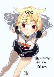  1girl arm_support black_ribbon black_serafuku black_skirt blonde_hair character_name dated feet_out_of_frame hair_flaps hair_ornament hair_ribbon hairclip kantai_collection long_hair looking_at_viewer neckerchief one-hour_drawing_challenge oriharaizaya819 partially_submerged perspective pleated_skirt red_eyes red_neckwear remodel_(kantai_collection) ribbon sailor_collar scarf school_uniform serafuku simple_background sitting skirt solo water white_background white_sailor_collar white_scarf yuudachi_(kancolle) 