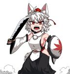  1girl angry animal_ears armpits ass bare_shoulders blush breasts detached_sleeves formicid hat highres holding holding_weapon inubashiri_momiji leaf maple_leaf open_mouth red_eyes sharp_teeth shield short_hair sideboob skirt solo sword tail teeth thighs tokin_hat touhou weapon white_hair wolf_ears wolf_tail 