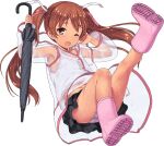  1girl black_skirt brown_hair child closed_umbrella eyebrows_visible_through_hair fang holding_umbrella kantai_collection navel official_art one_eye_closed open_mouth panties pink_boots pink_shoes skirt striped_panties thighs transparent_background umbrella white_background wink 