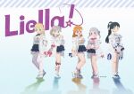  5girls :d absurdres ankle_socks arashi_chisato arms_behind_back bangs black_hair blonde_hair blue_eyes blunt_bangs bow double_bun dress emoji food frilled_dress frills green_eyes grey_hair hair_bow hair_ornament hairband hajimari_wa_kimi_no_sora hands_together hazuki_ren headphones headphones_around_neck heanna_sumire highres jacket long_hair love_live! love_live!_superstar!! medium_hair meidosan multicolored multicolored_clothes multiple_girls open_clothes open_jacket open_mouth orange_hair orange_headwear parted_bangs ponytail red_eyes shibuya_kanon shiny shiny_hair shoes short_hair smile sneakers star_(symbol) takoyaki tang_keke thigh-highs violet_eyes white_footwear white_hair white_jacket white_legwear yellow_eyes 