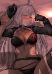  1boy 1girl ahoge bikini black_bikini black_gloves blush breasts choker command_spell fate/grand_order fate_(series) gloves hands highres holding holding_another&#039;s_arm holding_another&#039;s_thighs jeanne_d&#039;arc_(alter)_(fate) jeanne_d&#039;arc_(alter_swimsuit_berserker)_(fate) jeanne_d&#039;arc_(fate)_(all) kirie_kairi large_breasts leg_lift long_hair looking_at_viewer lying o-ring o-ring_bikini on_back on_bed pov swimsuit very_long_hair yellow_eyes 