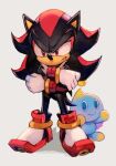  1boy 1other black_hair black_skin blue_skin chao_(sonic) colored_skin gloves hankuri hedgehog looking_at_viewer red_eyes serious shadow_the_hedgehog shoes smile sonic_(series) sonic_the_hedgehog spiky_hair white_gloves 