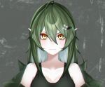  1girl antenna_hair arknights bare_shoulders breasts commentary_request expressionless eyebrows_visible_through_hair eyelashes gavial_(arknights) green_hair grey_background hair_between_eyes highres huge_filesize keto_(funrei_doryoku) looking_at_viewer medium_breasts pale_skin pointy_ears solo yellow_eyes 