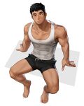  1boy bare_legs barefoot black_hair black_shorts brown_eyes full_body highres invisible_chair looking_at_viewer male_focus muscular muscular_male original rinotuna shadow short_hair shorts sitting solo tank_top white_tank_top 