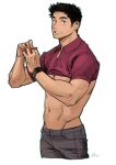  1boy black_hair clothes_lift grey_pants hands_up male_focus muscular muscular_male navel original pants parted_lips purple_shirt rinotuna shirt shirt_lift short_hair short_sleeves signature simple_background solo upper_body white_background 
