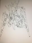  arm_cannon clenched_hands from_above gaplant greyscale gundam highres ink_(medium) kyoshi_takigawa mecha mobile_suit monochrome photo_(medium) science_fiction solo traditional_media weapon zeta_gundam 