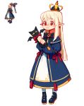  1girl bangs black_footwear blonde_hair blue_dress copyright_request crown dress earrings full_body holding jewelry long_hair long_sleeves pixel_art pointy_ears red_eyes red_ribbon ribbon rinotuna shadow shoes solo standing tears 