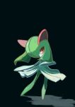  absurdres black_background commentary full_body gen_3_pokemon green_hair highres kirlia looking_to_the_side no_humans outstretched_arm pn_(ltpn_257) pokemon pokemon_(creature) red_eyes standing 