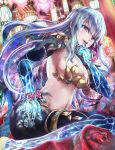  1girl breasts demon_girl earrings fate/grand_order fate_(series) flower hair_ribbon hand_on_hip jewelry kama_(fate) large_breasts long_hair looking_at_viewer lotus navel numataromomon red_eyes revealing_clothes ribbon sitting very_long_hair white_hair 