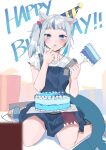  1girl absurdres animal_ears bangs blue_dress blue_hair cake cat_ears dress eating english_commentary eyebrows_visible_through_hair fish_tail food fork gawr_gura happy_birthday hat hievasp highres holding holding_fork hololive hololive_english looking_at_viewer multicolored_hair party_hat shark_tail shirt side_ponytail silver_hair solo streaked_hair tail two_side_up white_shirt 