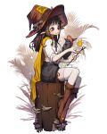  1girl bangs bird black_hair blush boots brown_eyes brown_footwear brown_headwear frilled_shirt frills full_body hat highres long_hair male_focus mushroom original outline pointy_ears rinotuna shirt shirt_tucked_in sitting smile solo stick thigh-highs white_legwear white_outline white_shirt witch_hat 