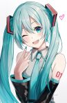  1girl ;d bangs bib_(bibboss39) black_sleeves blue_eyes blue_hair blue_nails blue_neckwear collared_shirt detached_sleeves hair_between_eyes hair_ornament hatsune_miku head_tilt highres long_hair long_sleeves looking_at_viewer nail_polish necktie one_eye_closed open_mouth shiny shiny_hair shirt simple_background sleeveless sleeveless_shirt smile solo twintails upper_body very_long_hair vocaloid white_background white_shirt wing_collar 