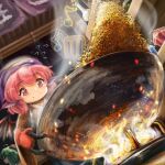  2girls ahoge animal_ears beamed_eighth_notes bird_ears cooking dutch_angle findzhenxin fire flying_sweatdrops green_hair hair_scarf highres kasodani_kyouko mittens multiple_girls musical_note mystia_lorelei okamisty pink_eyes pink_hair profile short_hair smile solo_focus spatula touhou wok 