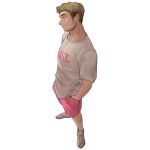 1boy brown_hair full_body grey_footwear grey_shirt hands_in_pockets highres male_focus original pink_shorts print_shirt profile rinotuna shirt shoes short_hair short_sleeves shorts simple_background solo standing white_background 