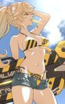  1girl animal_ears arm_up bangs bikini bikini_under_clothes blonde_hair blue_sky breasts cat_ears clouds cloudy_sky commentary cowboy_shot day denim denim_shorts food food_in_mouth grey_shorts half-closed_eyes halterneck hand_on_own_head highres holding hover_board katouken_(ktn-works) large_breasts logo long_hair micro_shorts mouth_hold navel open_fly orange_bikini orange_eyes original outdoors ponytail popsicle shorts sky solo string_bikini swimsuit 