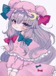  1girl absurdres bangs blush closed_mouth eyebrows_visible_through_hair eyes_visible_through_hair hair_between_eyes highres long_hair looking_at_viewer patchouli_knowledge purple_hair renakobonb solo touhou 