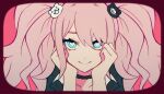  1girl bangs bear_hair_ornament black_choker black_shirt blonde_hair blue_eyes blush border choker collarbone dangan_ronpa:_trigger_happy_havoc dangan_ronpa_(series) enoshima_junko hair_ornament hands_on_own_face hands_up heart heart-shaped_pupils highres nyu_(bbpp08) pink_background portrait purple_border shirt smile solo symbol-shaped_pupils twintails 