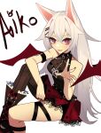 1girl absurdres animal_ears bangs borrowed_character breasts cat_ears cat_girl character_name clenched_hand fangs ghost_(tama) hair_between_eyes highres long_hair open_mouth original red_skirt single_legging skirt small_breasts smile solo thigh_strap violet_eyes white_hair wings 