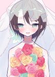  1girl absurdres aqua_eyes bangs bare_shoulders bouquet bridal_veil bride brown_hair crying crying_with_eyes_open flower happy_tears highres hikap holding holding_bouquet hololive jewelry necklace oozora_subaru pearl_necklace short_hair solo swept_bangs tears upper_body veil virtual_youtuber 