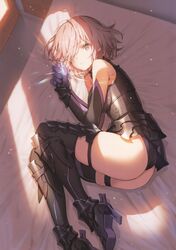  1girl absurdres ankle_boots armor armored_boots armored_dress ass bangs bare_shoulders bed bed_sheet boots breasts elbow_gloves fate/grand_order fate_(series) faulds gloves glowing hair_over_one_eye high_heels highres holding indoors leotard looking_at_viewer lying mash_kyrielight medium_breasts on_bed on_side parted_lips purple_hair saitou_masatsugu scan shadow shiny shiny_hair short_hair sleeveless solo thigh-highs thigh_strap thighs violet_eyes 