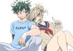  1boy 1girl :d bangs blonde_hair blue_pants blue_shirt blush boku_no_hero_academia brown_jacket commentary_request double_bun feet_out_of_frame freckles green_eyes green_hair grey_background hand_up jacket leaning_on_person looking_at_another messy_hair midoriya_izuku open_mouth pants pero_(pero56870578) sailor_collar school_uniform shirt short_sleeves simple_background sitting skirt sleeves_past_wrists smile toga_himiko translation_request upper_teeth 