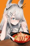  1girl absurdres animal_ears arknights blue_eyes bowl chopsticks commentary_request eating egg egg_yolk food frostnova_(arknights) hair_over_one_eye highres holding holding_chopsticks nikenikeniki1 noodles onion rabbit_ears rabbit_girl ramen scar scar_on_face scar_on_nose silver_hair 