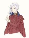  1girl breasts cape dress edelgard_von_hresvelg fire_emblem fire_emblem:_three_houses fire_emblem_heroes highres jewelry long_hair long_sleeves nanao_parakeet ring side_ponytail simple_background solo violet_eyes white_hair 