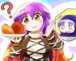  2girls :3 ? black_sleeves blank_eyes blush eyebrows_visible_through_hair food fruit gradient_hair hair_between_eyes hijiri_byakuren holding holding_plate hood kumoi_ichirin long_sleeves looking_at_viewer multicolored_hair multiple_girls plate purple_hair rokugou_daisuke smile touhou two-tone_dress 