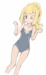  1girl alternate_costume bare_arms blonde_hair blush clenched_hand closed_mouth collarbone commentary_request covered_navel disconnected_mouth eyelashes female green_eyes grey_swimsuit hands_up highres lillie_(pokemon) long_hair looking_at_viewer nagitaro one-piece_swimsuit one_eye_closed pokemon pokemon_(anime) pokemon_sm_(anime) ponytail sketch smile solo swimsuit 