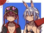  animal_ear_fluff animal_ears baseball_cap bikini bikini_top blue_hair blush braid collarbone eyebrows_visible_through_hair eyewear_on_head hat highres hololive homura910210 houshou_marine long_hair multicolored_hair rabbit_ears rabbit_girl sun swimsuit twintails two-tone_hair usada_pekora virtual_youtuber white_hair 