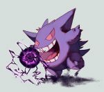  :d energy_ball gen_1_pokemon gengar grey_background highres leg_up looking_at_viewer no_humans open_mouth pn_(ltpn_257) pokemon pokemon_(creature) smile solo standing standing_on_one_leg teeth tongue 