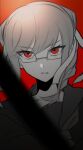  1girl absurdres bangs black_shirt braid collarbone commentary_request dangan_ronpa_(series) dangan_ronpa_2:_goodbye_despair glasses hair_ribbon highres long_hair looking_at_viewer nyu_(bbpp08) parted_lips pekoyama_peko portrait red_background red_eyes ribbon rimless_eyewear school_uniform shiny shiny_hair shirt solo twin_braids white_ribbon 