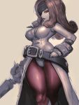  1girl beatrix_(ff9) belt breasts brown_hair curly_hair eyepatch final_fantasy final_fantasy_ix fingerless_gloves gloves hand_on_hip highres kisuu large_breasts looking_at_viewer loose_belt pantyhose save_the_queen simple_background solo standing sword thick_thighs thighs weapon 