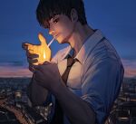  1boy black_hair black_neckwear blue_sky building cigarette clouds cloudy_sky collared_shirt fire glowing highres horizon mouth_hold necktie original profile rinotuna road shirt short_hair sky solo upper_body white_shirt 