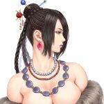  1girl bare_shoulders bead_necklace beads black_hair braid braided_bun breasts brown_eyes earrings eyeshadow female final_fantasy final_fantasy_x fur_trim hair_bun hair_ornament hair_stick jewelry large_breasts looking_to_the_side lulu_(ff10) makeup necklace off_shoulder parted_lips purple_lips shu-mai simple_background solo upper_body white_background 