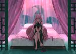  1girl absurdres animal_ear_fluff animal_ears bare_shoulders barefoot bed breasts center_opening china_dress chinese_clothes choker crossed_legs dress fate/grand_order fate_(series) fox_ears fox_tail glasses high_heels highres huge_filesize koyanskaya_(fate) large_breasts long_hair on_bed ootato pillow pink_hair shoe_removed shoes sideboob single_shoe sitting sitting_on_bed solo tail tamamo_(assassin)_(fate) tamamo_(fate)_(all) under_boob very_long_hair 