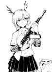  1girl apron bangs blush_stickers closed_mouth commentary_request dragon_girl dragon_horns dragon_tail fang formicid greyscale gun highres holding holding_gun holding_weapon horns kicchou_yachie korean_commentary looking_at_viewer monochrome otter otter_spirit_(touhou) pointy_ears rifle shirt short_hair short_sleeves simple_background skirt slit_pupils smile tail tattoo touhou turtle_shell watch weapon white_background 