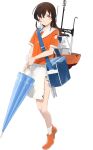  1girl blue_bag boat brown_hair closed_umbrella female holding_umbrella kantai_collection looking_to_the_side official_art orange_shirt solo torn_clothes transparent_background 