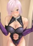  1girl bare_shoulders breasts closed_mouth elbow_gloves eyebrows_visible_through_hair fate/grand_order fate_(series) gloves hair_over_one_eye highres kirie_kairi light_purple_hair looking_at_viewer mash_kyrielight purple_hair short_hair solo violet_eyes 