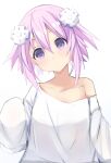  1girl absurdres bimmy blush d-pad d-pad_hair_ornament hair_ornament highres neptune_(neptune_series) neptune_(series) purple_hair purple_ribbon ribbon shirt short_hair simple_background smile solo violet_eyes white_background 
