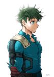  1boy alternate_hairstyle arm_at_side artist_name bangs belt bodysuit boku_no_hero_academia brown_belt closed_mouth collarbone freckles from_side green_bodysuit green_eyes green_hair grey_background male_focus messy_hair midoriya_izuku pectorals pero_(pero56870578) short_hair simple_background smile solo torn_bodysuit torn_clothes upper_body white_background 