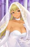  1girl absurdres bangs bare_shoulders blonde_hair breasts bridal_veil bride brown_eyes choker closed_mouth dark_skin dress fire_emblem fire_emblem:_the_binding_blade hand_on_own_chest highres igni_tion igrene_(fire_emblem) large_breasts long_hair upper_body veil wedding_dress 